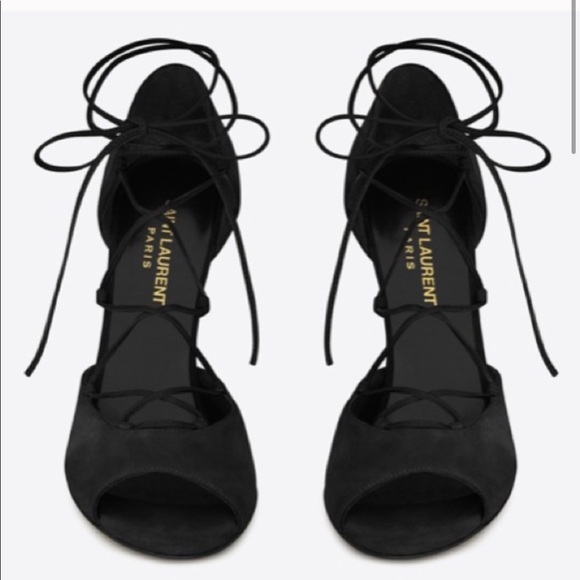 Saint Laurent Black Open Toe Lace Up Suede Sandals - Picture 2 of 5